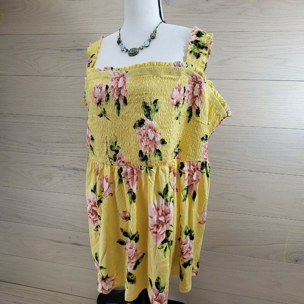 Torrid Plus Size 5 Smocked Sleeveless Babydoll Top Yellow Pink Floral NWT Modal